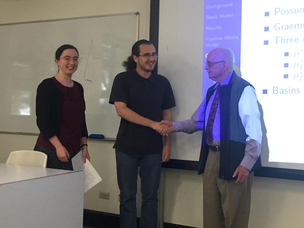 Winner of the Student Prize  (Ben Meldon) with the two judges
     (Dr Bob Anderssen and Dr Catherine Penington), NSW ANZIAM 2017.